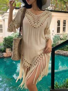 DAZY 女士纯色镂空设计长袖罩衫连衣裙，适合度假