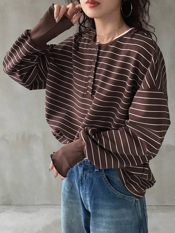 FRIFUL Women's Casual Loose Fit Dropped Shoulder Striped T-Shirt, Spring/Autumn