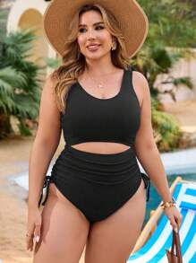 SHEIN Plus Size Women Navy Blue Casual Vacation One-Piece Swimsuit - Black - View 3
