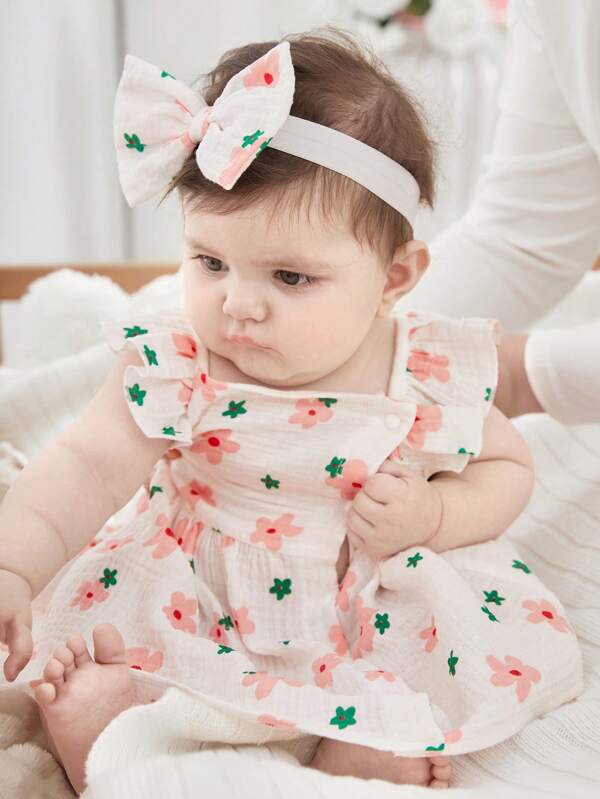 SHEIN Summer Newborn Baby Girl Ruffled Shoulder Strap Flower Print Pattern Dress And Headband Fresh, Simple And Comfortable Cotton Baby Girl Clothes Baby Clothing Girl Infant Girl Clothes Baby Baby Baby Girl Cotton Clothes