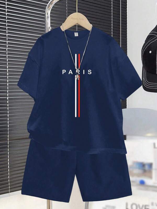 SHEIN 2 pièces/Set Chemise à manches courtes col rond minimaliste décontractée et short pour garçons préadolescents, convient pour l'été