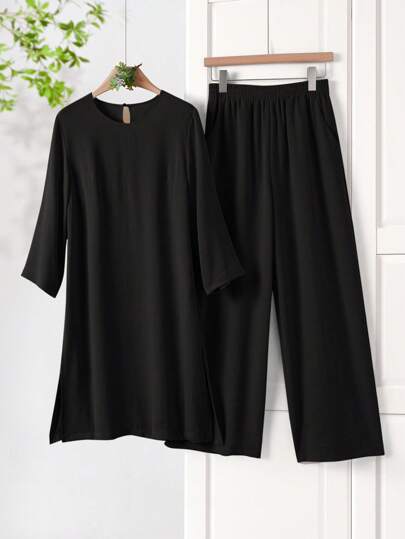 Rusticease Damen Set bestehend aus einfarbigem Oberteil mit rundem Ausschnitt und Kurzarm sowie weiter Hose mit Blume Muster für den Sommer, Zweiteiler