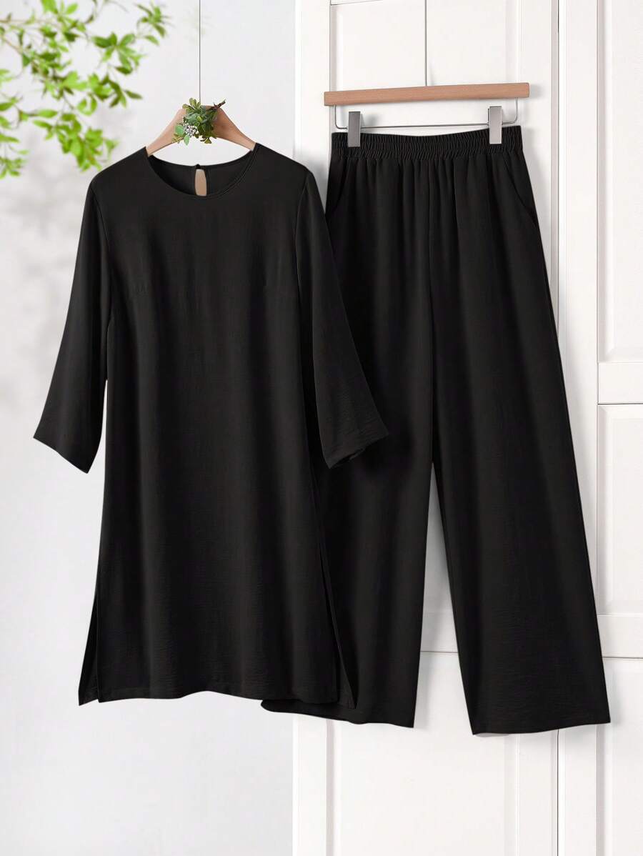 Rusticease Conjunto de dos piezas para mujer de top de manga corta de cuello redondo en unicolor y pantalones de pierna ancha con estampado de flores para el verano - Negro - Ver 1