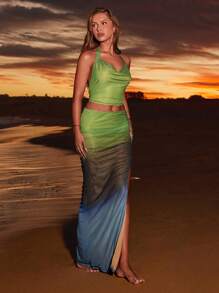 SHEIN BAE Conjunto de verano para mujer, atuendo de playa, festival, boda, brunch, graduación con estampado de degradado verde, top de cuello swing. Ropa de verano para mujer, ropa de carnaval, verano europeo - Verde - Ver 6