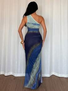 Chiquease Graduated Color High Slit Asymmetric Collar Ruched Tulle Dress Maxi Women Outfit - Light Wash - View 2