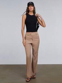 Athîral Women's Solid Color Sleeveless Pants, Fashionable For Summer - Khaki - View 1