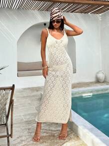 EURMUSE Femmes Gilet long à bretelles ajourées de couleur unie - Beige - Voir 4