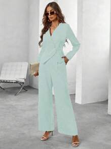 SHEIN Clasi Tailleur donna composto da top a scollo a V e maniche lunghe, di un unico colido, con pantaloni abbinati