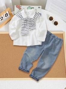 Genkimix Kids Zestaw 2 szt.: młodzieżowa uniwersalna, swobodna, biała, miękka, tkana koszula zapinana na guziki z kołnierzykiem szalowym + dżinsy z elastyczną talią, odpowiednie na wyjścia, zajęcia na świeżym powietrzu i spotkania