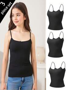 3pcs Tween Girls Black Keyhole Floral Print Camisole Top & Underwear Set, Casual Outerwear - Black - View 1