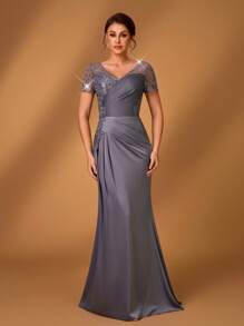 Serin Elegant Luxury Embroidery Lace Applique Splice Elastic Satin Ruffles Sheer Short Sleeve Fishtail A-Line Dress, Suitable For Wedding, Party, Vacation, Prom, Mother Of The Bride Formal Gown - Dark Grey - View 7