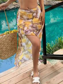 DAZY Women's Sexy Tie-Dye Print Ruffle Hem Cover Up & Mini Skirt Set Vacation - Yellow - View 3