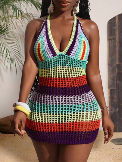 Slaydiva 夏季假期彩色条纹挂脖露背镂空钩针迷你连衣裙 - B