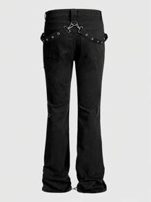 ROMWE MEN Street Life Men's Punk Cowboy Jeans With Eyelet Design And Pockets, Casual Flared - Black - View 2