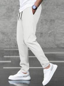 Manfinity Homme 男士纯色抽绳腰口袋休闲长裤，百搭，秋季 - 白色 - 查看 6
