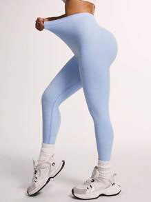 Gameset SHEIN Sport 纯色褶皱腰无缝紧身裤女士瑜伽裤 - 淺藍色 - 查看 5