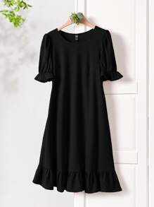 Rusticease 女士夏季休闲纯色泡泡袖中长连衣裙 - 黑色 - 查看 5