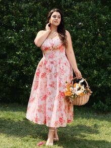 SHEIN MOD Plus Size Pink Floral Print Romantic Spaghetti Strap Women Dress, Grad Dress,Dresses Graduation,Graduation Outfit,Summer Dress,Derby Dress,Beach Women Dresses,Maxi Women Dresses,Flowy Women Dresses,Party Women Dresses - Pink - View 1