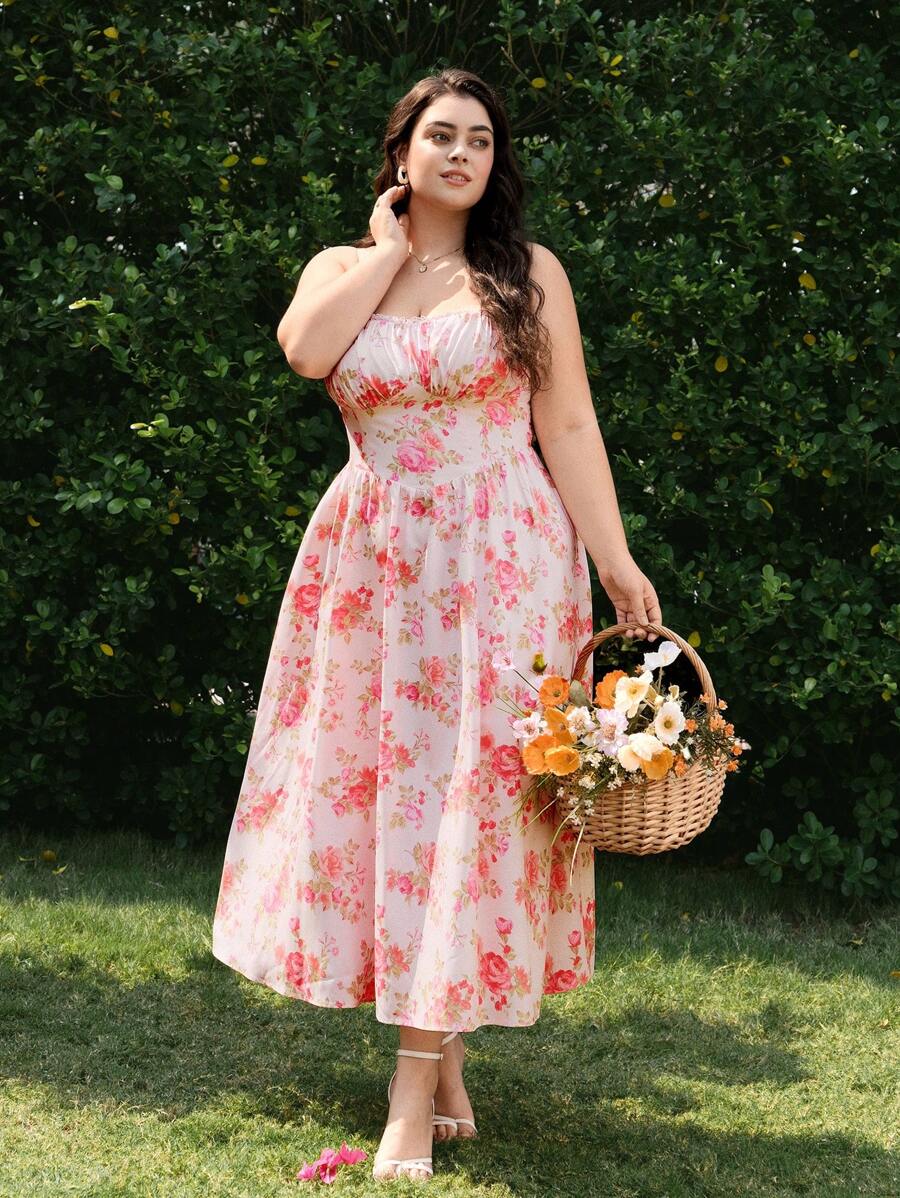 SHEIN MOD Plus Size Pink Floral Print Romantic Spaghetti Strap Women Dress, Grad Dress,Dresses Graduation,Graduation Outfit,Summer Dress,Derby Dress,Beach Women Dresses,Maxi Women Dresses,Flowy Women Dresses,Party Women Dresses - Pink - View 1