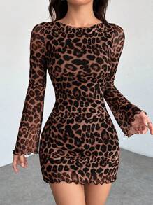 SHEIN PETITE Women's Leopard Mesh Bell Sleeve Mini Dress,Summer Dresses For Women - Multicolor - View 4