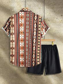 Genlund Men's Geometric Print Vacation Casual Shirt And Shorts Set - Multicolor - View 2