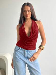 Aloruh Women's Sexy Music Festival Party Evening Daily Outings And Dates Solid Color Glitter Fabric Vacation Swing Collar Backless Knitted Halter Black Tank