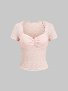 Sweetra Women's Lace Raglan Sleeve Crew Neck Ruched Decor Solid Color Slim Fit T-Shirt, Fashionable European Style, Suitable For Spring/Summer - Baby Pink - View 1