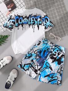 SHEIN Leap Crew 2pcs Kids Tween Boy Casual Versatile And Comfortable Letter Printed Pattern Round Neck Loose Fitting Pullover Short Sleeved T-Shirt Loose Printed Shorts Knitted Two Pieces Set Suitable For Commuting To School, Daily Leisure Vacation Travel, Suitable For Sports, Suitable For Spring And Summer Seasons - Multicolor - View 3
