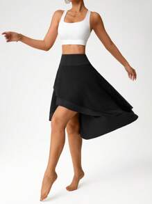 Easithlete Solid Color Asymmetric Hem Sports Mini Skort - Black - View 3