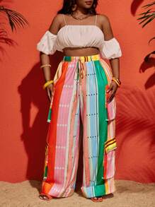 Slaydiva 2025 Spring & Summer New Music Festival Elegant Black Wide Pockets Striped Patchwork Print Linen Cargo Pants For Plus Size Women