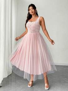 Celure Vestito lungo elegante da donna con maschera senza maniche, in vita alta, decorato con bottoni in perla, in contrasto con rete, misure forti