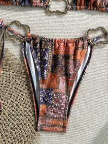 Soleia 2 件套复古彩色向日葵印花金属装饰系带比基尼套装，适合度假 - 彩色 - 查看 3