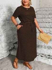 EMERY ROSE Plus Size Comfortable Elastic Striped Waist Cinched Dress For Women, Spring/Summer - Coffee Brown - View 3