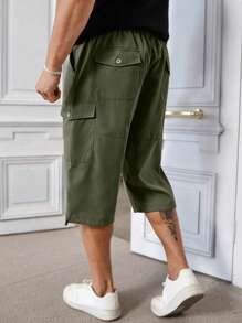 Manfinity Homme Plus Size Solid Color Pocketed Drawstring Waist Casual Capri Pants, Summer - Army Green - View 2