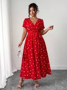 Elenzga Romantic Casual Commute Elegant Vacation Style Red V-Neck Polka Dot Short Sleeve Wrap Waist Slit Midi Dress, Long Version, Plus Size Women - Multicolor - View 7