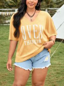 SHEIN EZwear تي شيرت بحجم إضافي مع تصميم أكمام خفاش والرقم - أصفر - مشاهدة 4