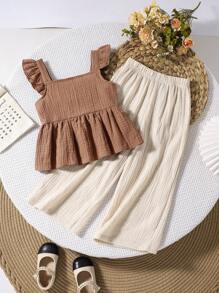 SHEIN Genkimix Kids 2pcs/Set Young Girl Solid Color Camisole Top And Pants - Multicolor - View 1