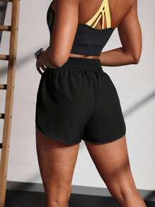 Powerista 女士字母印花系腰日常健身运动短裤 - 黑色 - 查看 2