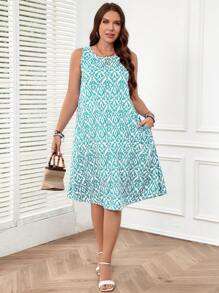SHEIN LUNE Plus Size Women All-Over Print Crew Neck Sleeveless Casual Dress With Pockets - Mint Blue - View 4