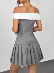 SHEIN EZwear Slimming Business Casual Woman Contrast Color Off Shoulder Double Breasted Blouse And Solid Pleated Mini Skirt - Light Grey - View 3