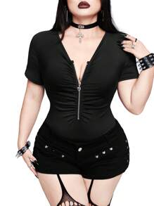 Flirla Casual Punk Fashionable Casual Zippered Pleated Stretch Fabric Bodysuit - Multicolor - View 7