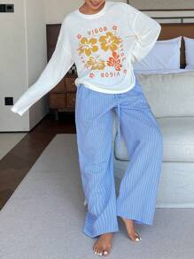 DAZY Floral Print Relaxed Vacation Style Lightweight Knit Top & Striped Straight Leg Pants Women Pajama Set - Beige - View 1