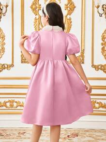 SHEIN Vestido evasé de niña preadolescente con manga abullonada, cuello de contraste y estampado floral