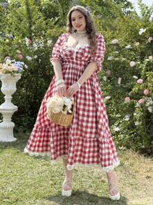 Flirla Romantic Girl's Red Plaid Short Sleeve Mini Dress - Red - View 2