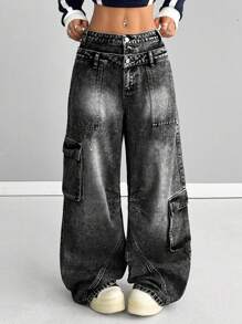 Coolane Women's Cargo Rapper Washed Grunge Jeans, Fall Women Clothes