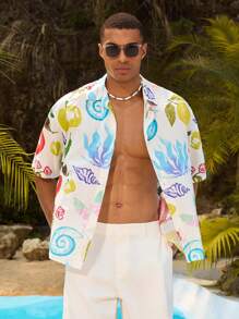 Manfinity VCAY 宽松方领短袖数码印花前开式度假衬衫 - 彩色 - 查看 2