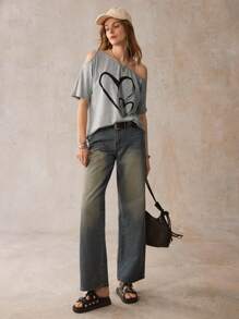 SHEIN LUNE Women's Casual Heart Print Asymmetrical Shoulder T-Shirt, Summer - Grey - View 3