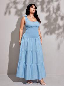 Viva Relle Plus Size Women Solid Smocked Ruffle Hem Sleeveless Elegant Dress - Baby Blue - View 2