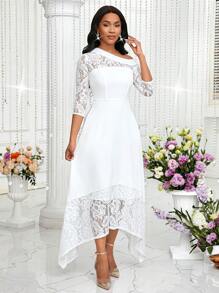 SHEIN Lady Vestido largo elegante de mujer con cuello asimétrico de encaje en contraste para el verano