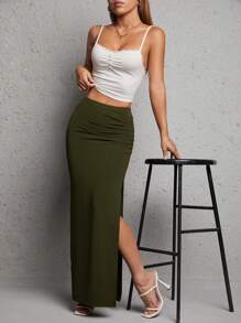 SHEIN PETITE 女士纯色褶皱开衩休闲 A 字裙